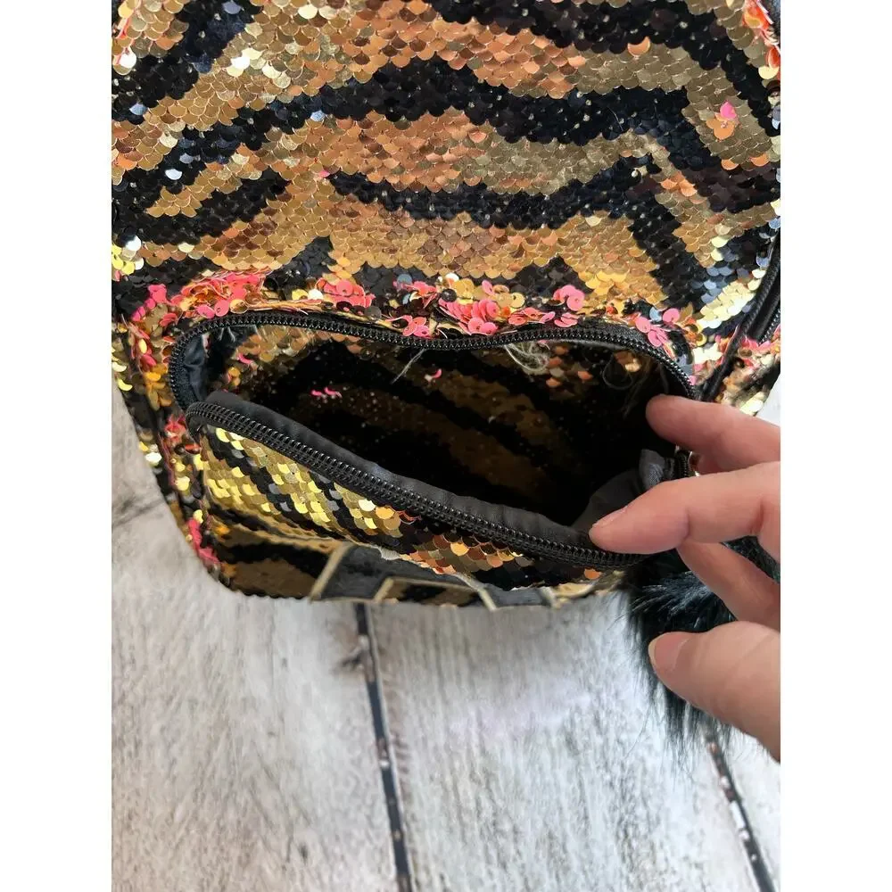 JUSTICE Girl’s Tiger Stripe Flip Sequin Mini Backpack with the Initial “A”